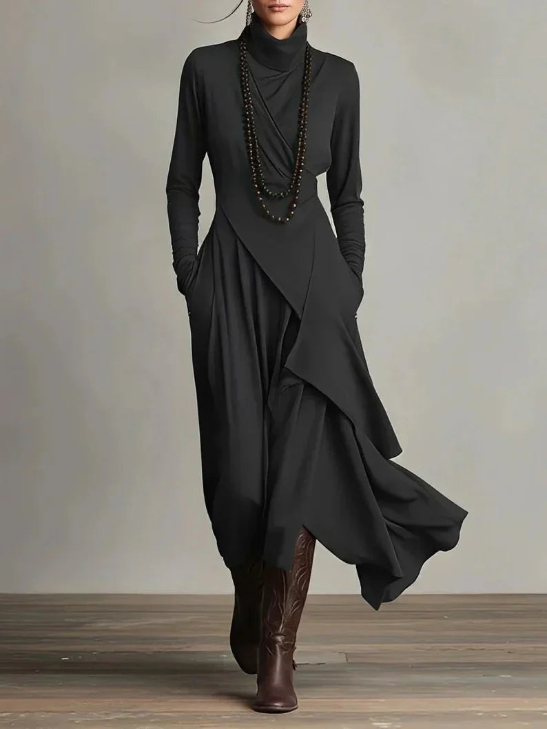 Nerea – Vestido maxi de cuello alto con diseño asimétrico