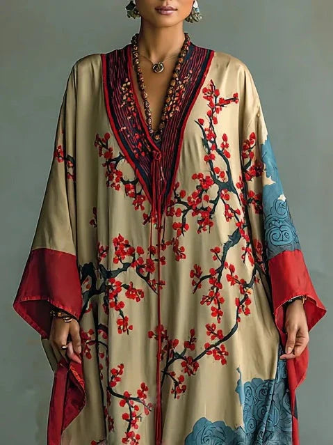 Sakura – Vestido maxi con flores de ciruelo y mangas murciélago