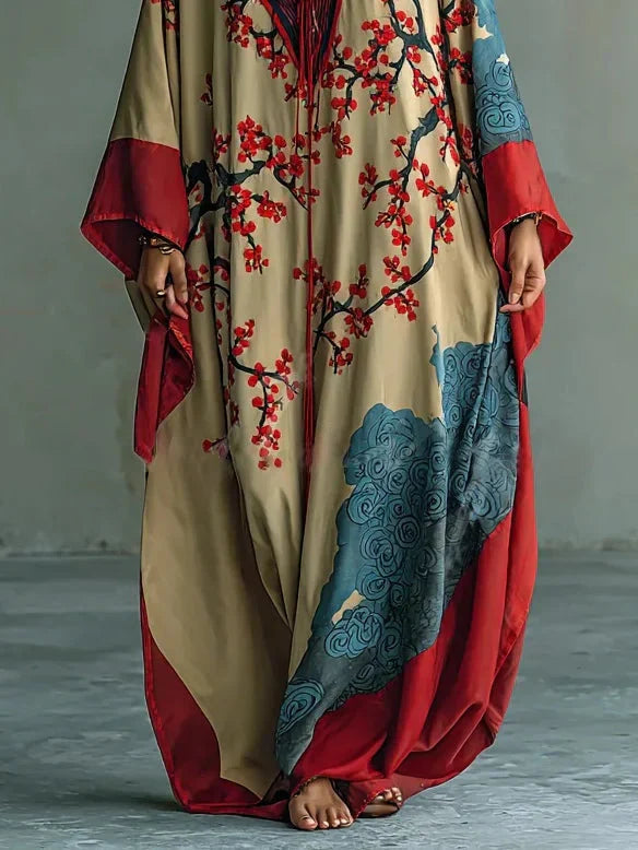 Sakura – Vestido maxi con flores de ciruelo y mangas murciélago