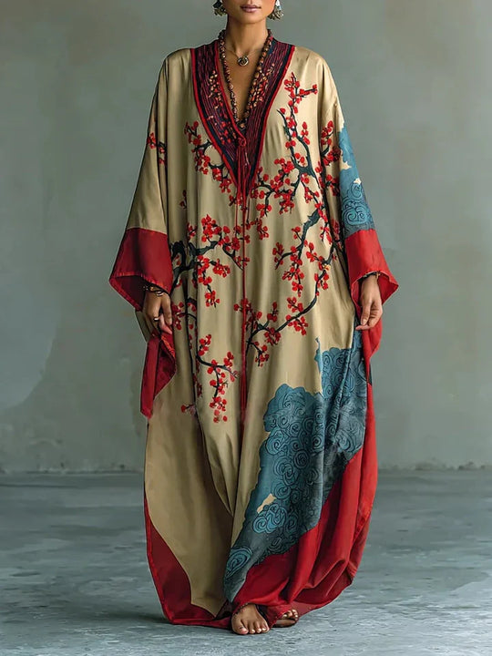 Sakura – Vestido maxi con flores de ciruelo y mangas murciélago