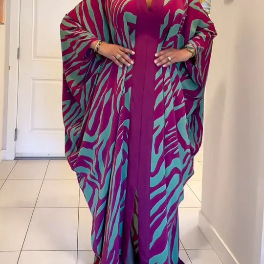 Verona - Vestido largo tipo túnica con mangas murciélago, cuello en V y estampado de cebra
