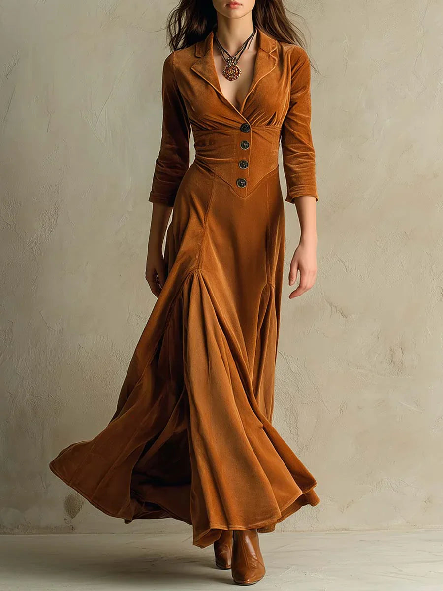 Fiona - Vestido largo de terciopelo con cuello de traje retro elegante marrón