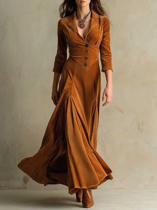 Fiona - Vestido largo de terciopelo con cuello de traje retro elegante marrón