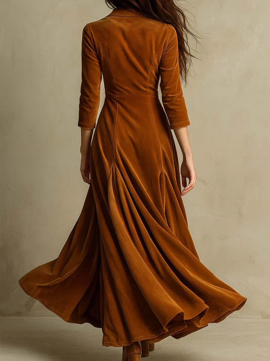 Fiona - Vestido largo de terciopelo con cuello de traje retro elegante marrón