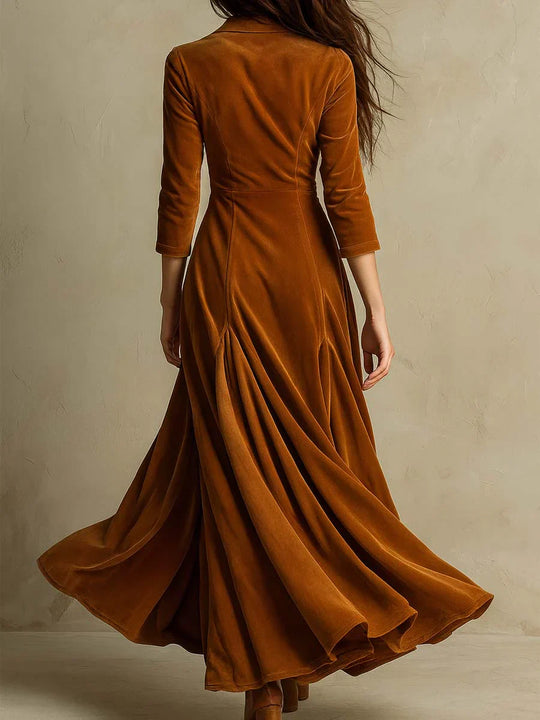 Fiona - Vestido largo de terciopelo con cuello de traje retro elegante marrón