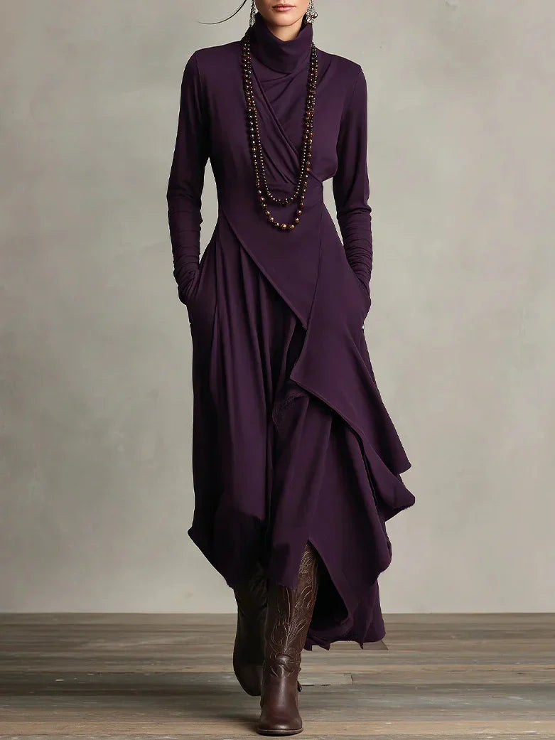 Nerea – Vestido maxi de cuello alto con diseño asimétrico