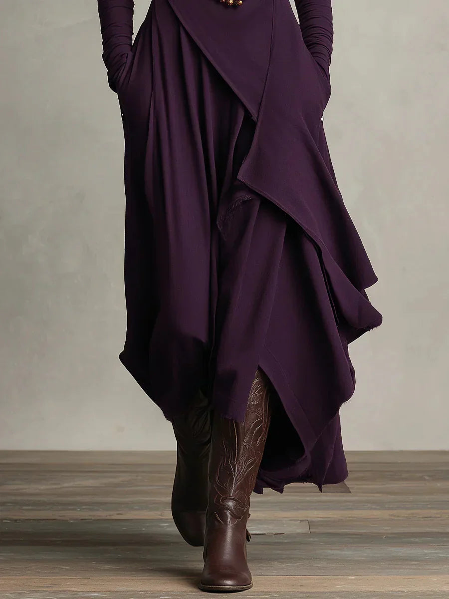 Nerea – Vestido maxi de cuello alto con diseño asimétrico