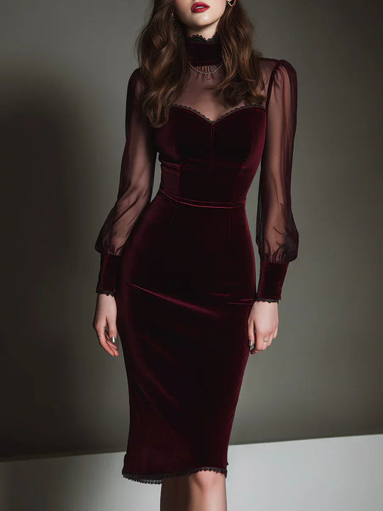 Carlota – Vestido midi con escote corazón y terciopelo burdeos