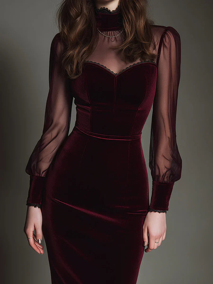 Carlota – Vestido midi con escote corazón y terciopelo burdeos