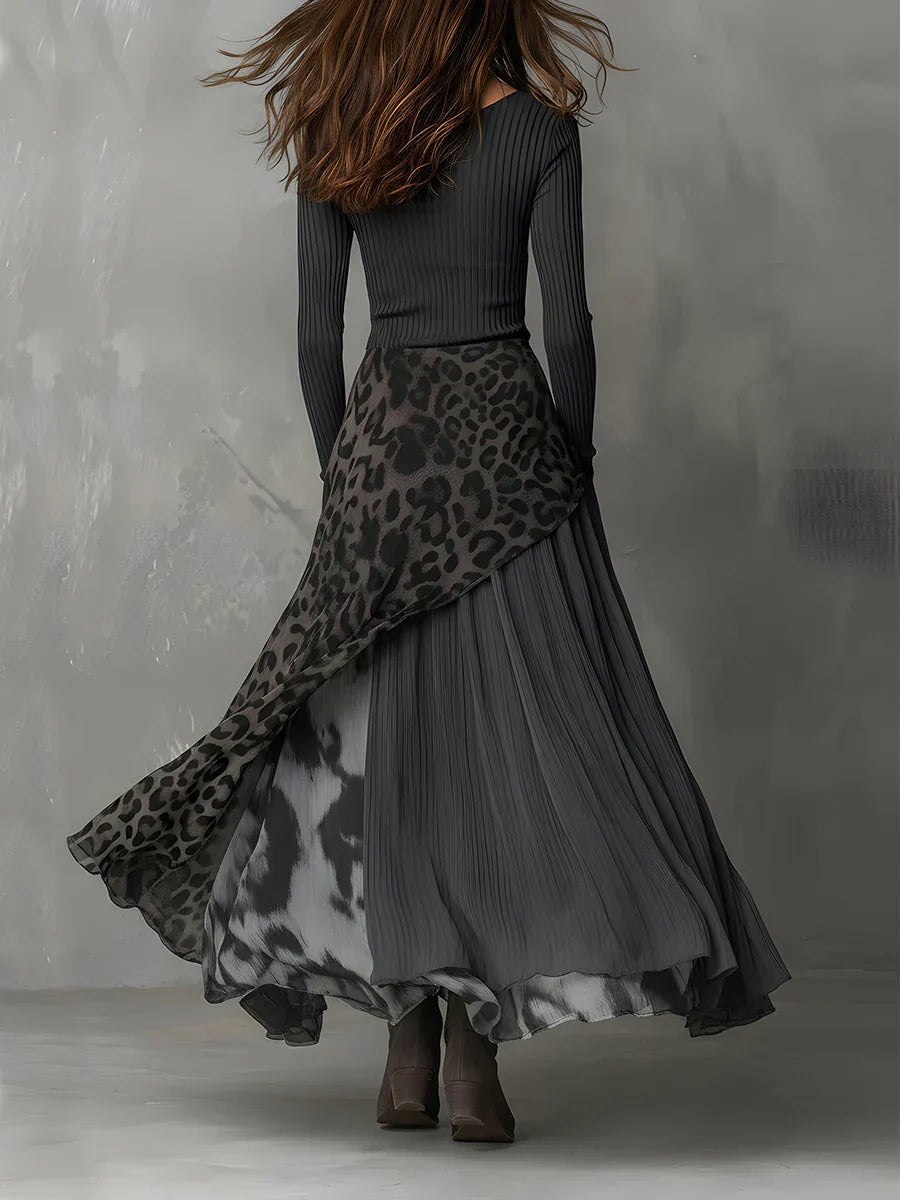 Amaya – Vestido largo de leopardo con rayas grises