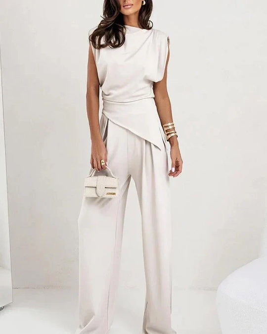 Victoria – Conjunto elegante de top irregular y pantalón de pierna ancha