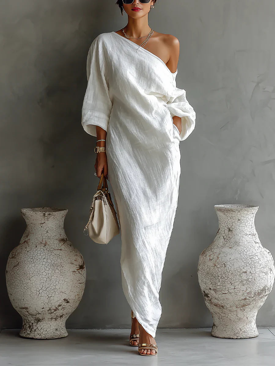 Diana – Vestido largo fluido de un solo hombro en blanco marfil