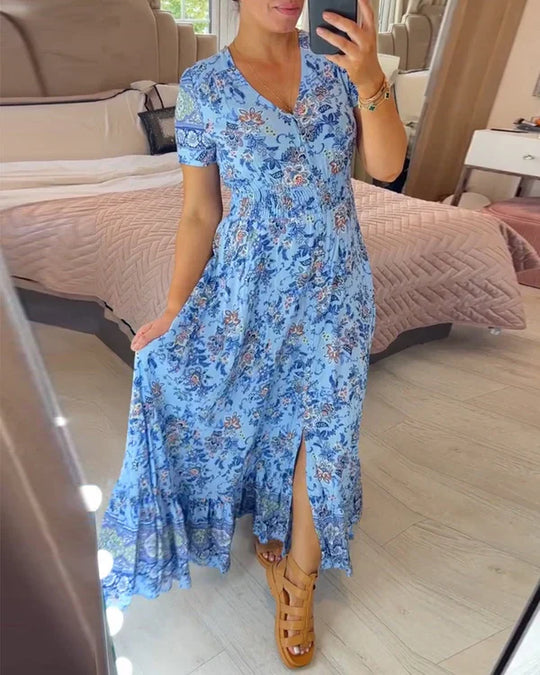 Valeria™ Vestido largo floral con escote en V, manga corta y vuelo amplio