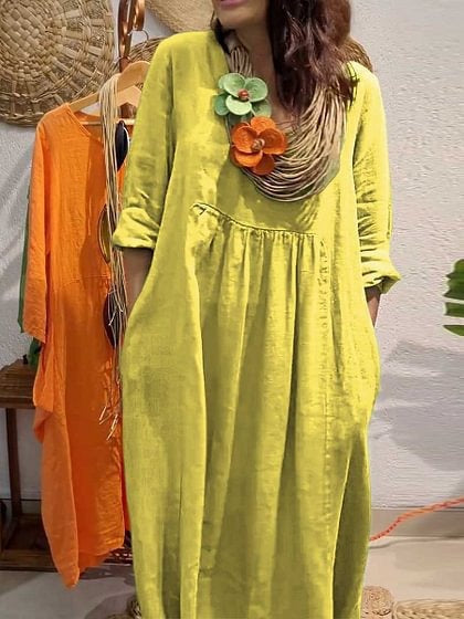 Hilda - Vestido holgado con cuello en V y bolsillos