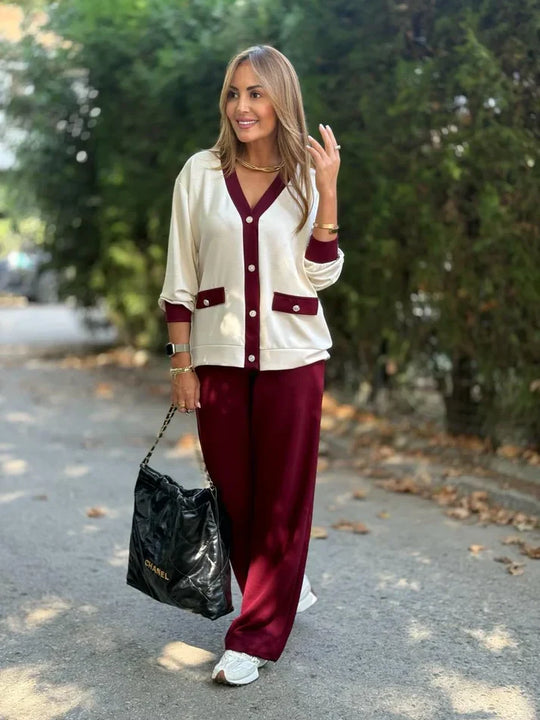 Tamara - Conjunto modal con cárdigan de contraste y pantalón amplio