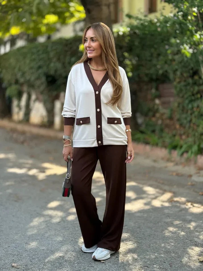 Tamara - Conjunto modal con cárdigan de contraste y pantalón amplio