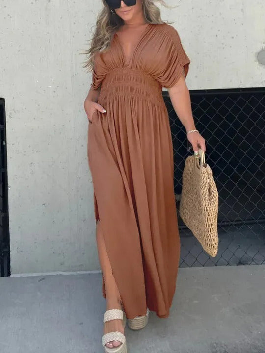 Camila - Vestido largo con escote fruncido y manga caída