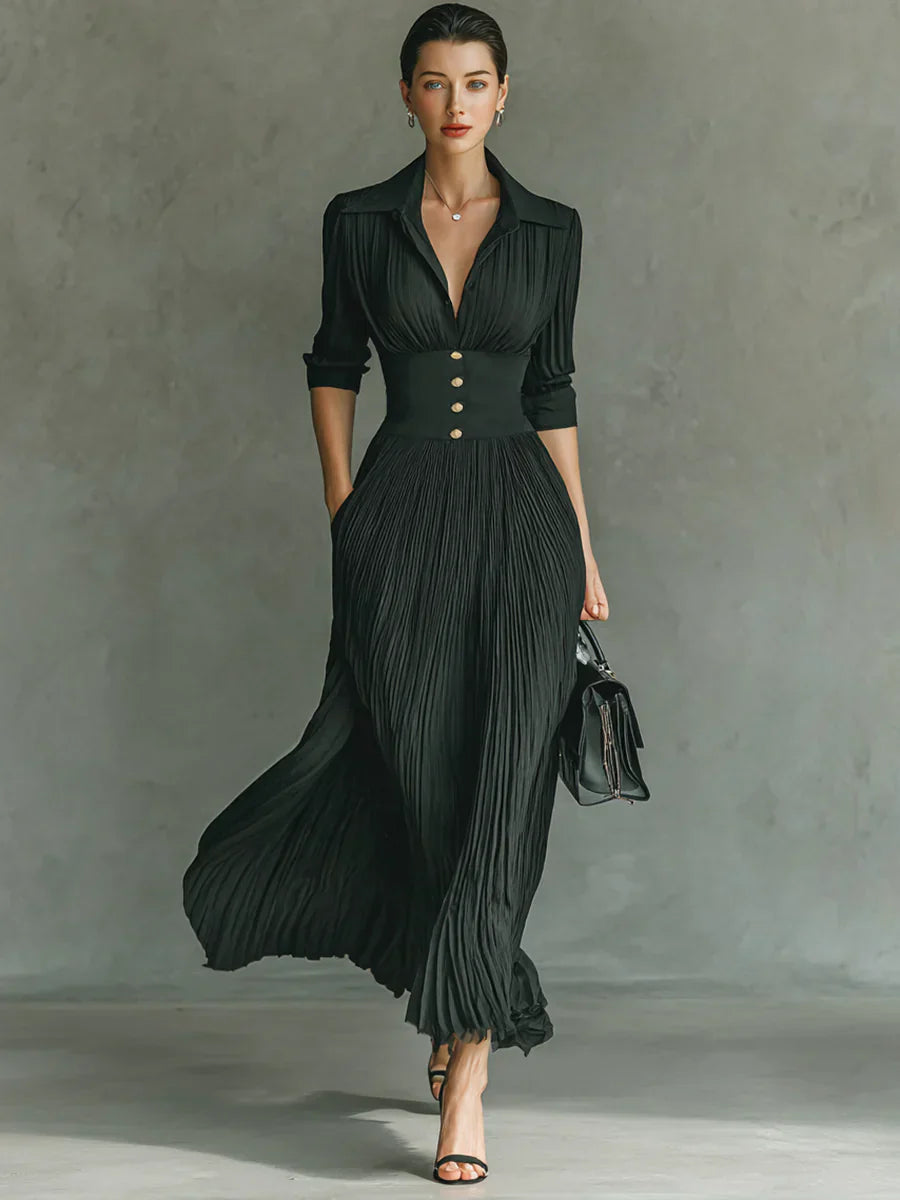 Jade - Vestido largo plisado con solapa y cintura entallada