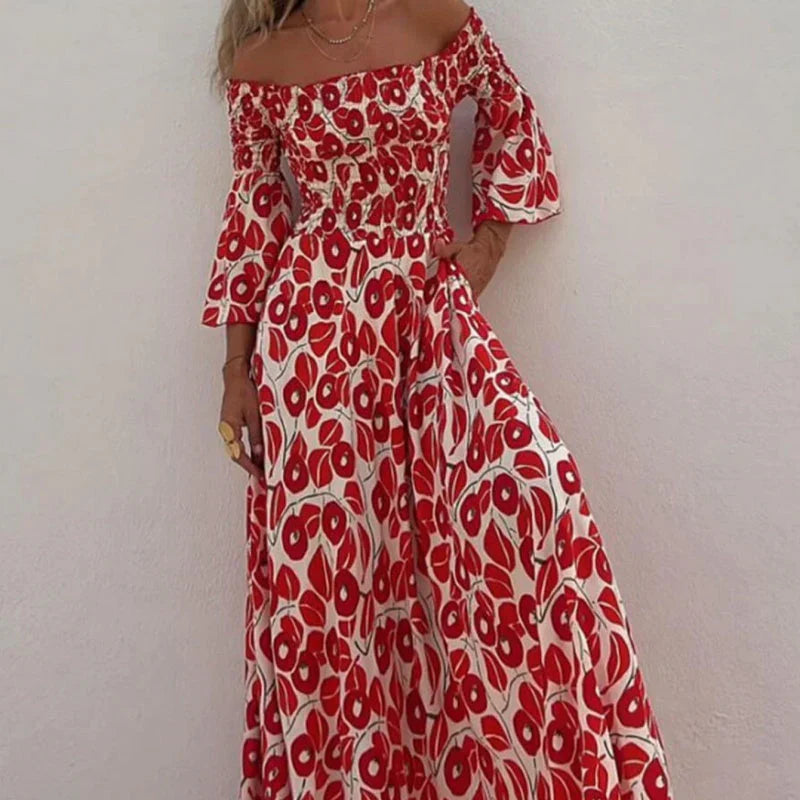 Martina™ Vestido largo con estampado floral, hombros descubiertos y mangas acampanadas