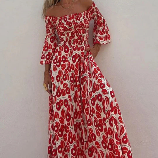 Martina™ Vestido largo con estampado floral, hombros descubiertos y mangas acampanadas