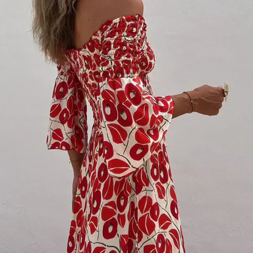 Martina™ Vestido largo con estampado floral, hombros descubiertos y mangas acampanadas