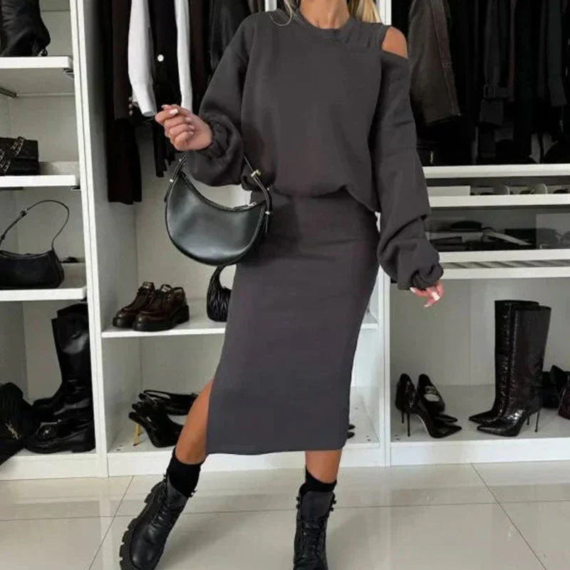 Livia - Conjunto de mujer con hombros caídos, sudadera y vestido sin mangas