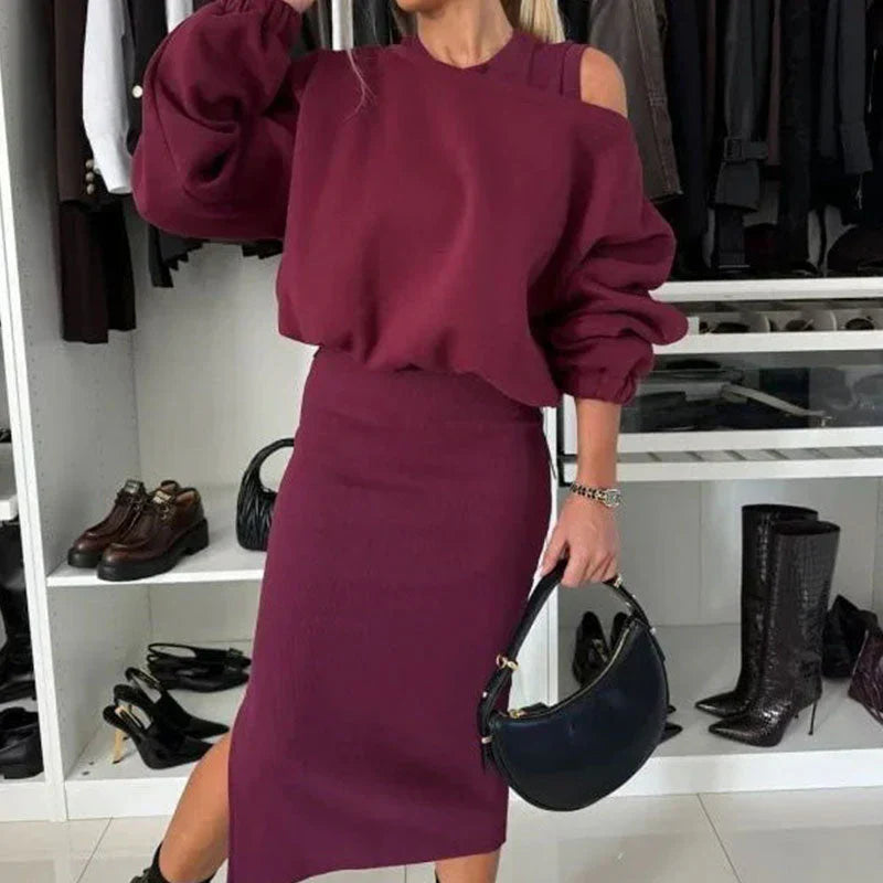 Livia - Conjunto de mujer con hombros caídos, sudadera y vestido sin mangas