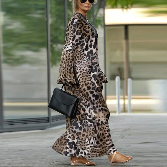 Rosana - Vestido informal de manga larga con estampado de leopardo