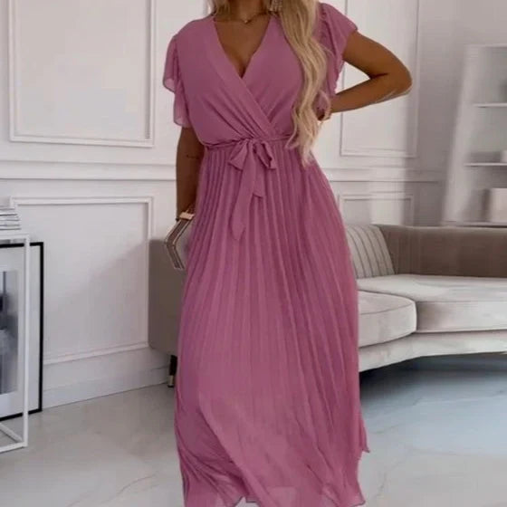 Lucía™ – Vestido plisado con escote cruzado y lazo a la cintura