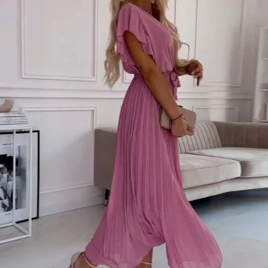 Lucía™ – Vestido plisado con escote cruzado y lazo a la cintura