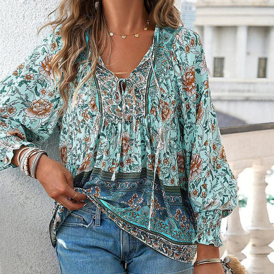 Celine - Blusa femenina de manga larga con cuello en V y estampado floral
