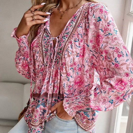 Celine - Blusa femenina de manga larga con cuello en V y estampado floral