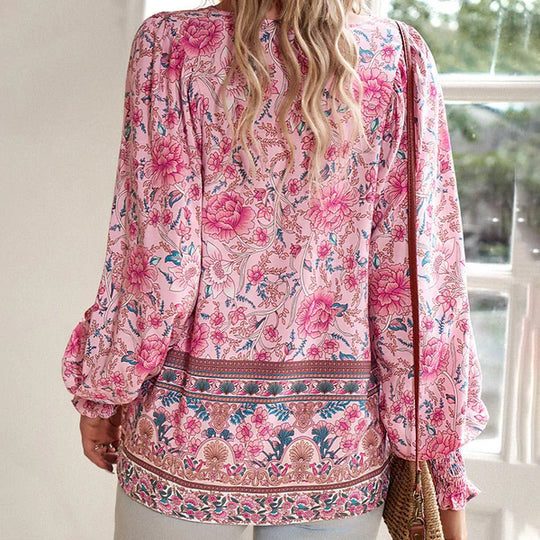 Celine - Blusa femenina de manga larga con cuello en V y estampado floral