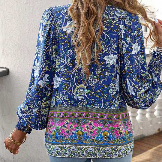 Celine - Blusa femenina de manga larga con cuello en V y estampado floral