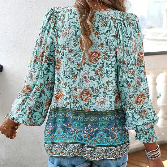 Celine - Blusa femenina de manga larga con cuello en V y estampado floral