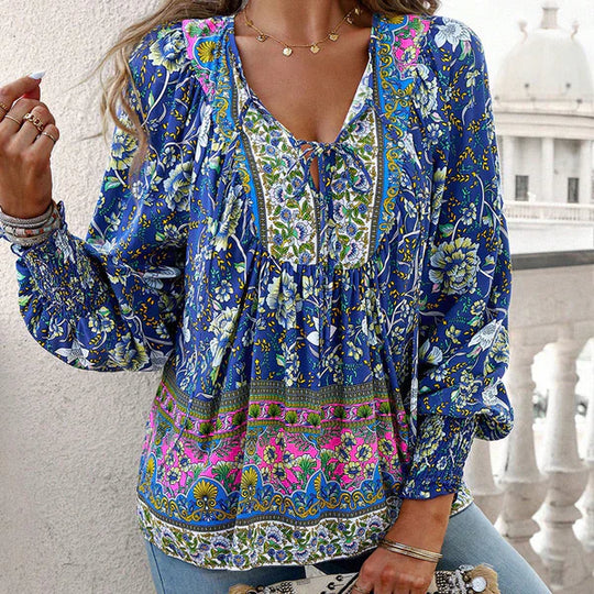 Celine - Blusa femenina de manga larga con cuello en V y estampado floral