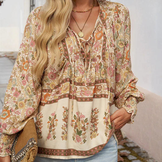 Celine - Blusa femenina de manga larga con cuello en V y estampado floral