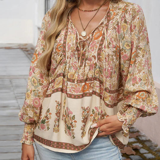 Celine - Blusa femenina de manga larga con cuello en V y estampado floral