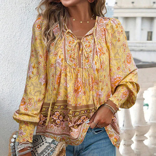 Celine - Blusa femenina de manga larga con cuello en V y estampado floral