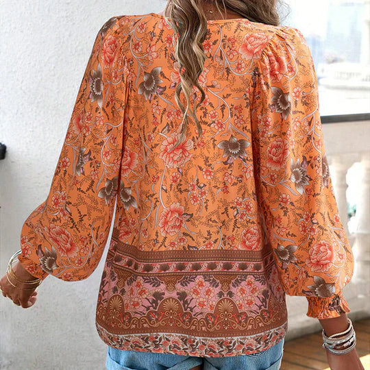 Celine - Blusa femenina de manga larga con cuello en V y estampado floral