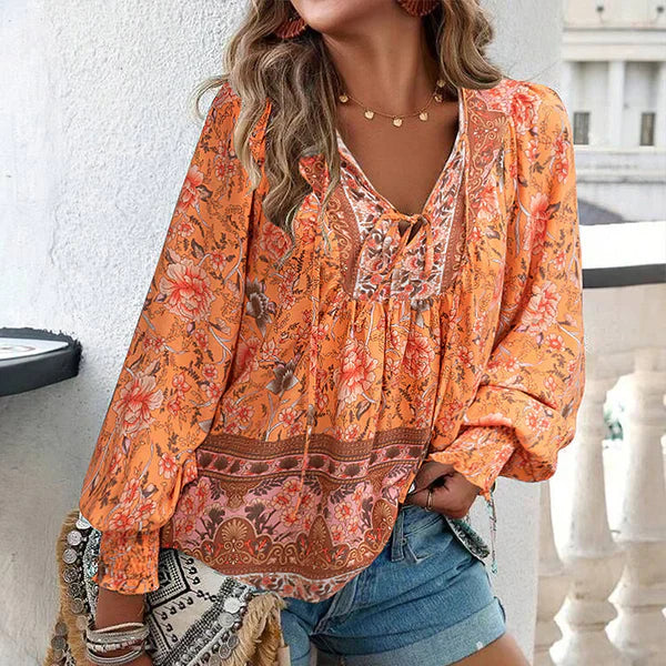 Celine - Blusa femenina de manga larga con cuello en V y estampado floral