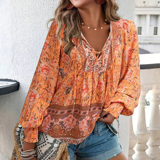 Celine - Blusa femenina de manga larga con cuello en V y estampado floral