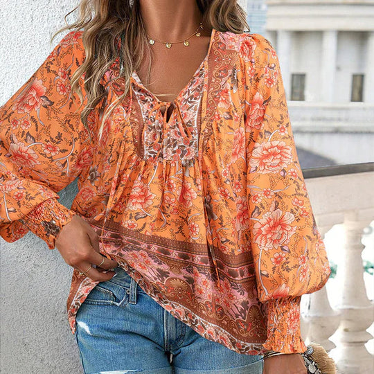 Celine - Blusa femenina de manga larga con cuello en V y estampado floral