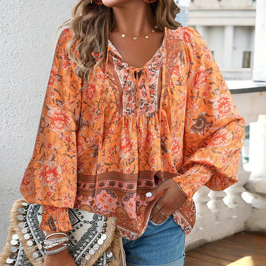 Celine - Blusa femenina de manga larga con cuello en V y estampado floral