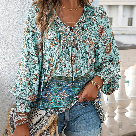 Celine - Blusa femenina de manga larga con cuello en V y estampado floral