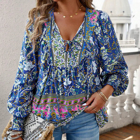 Celine - Blusa femenina de manga larga con cuello en V y estampado floral