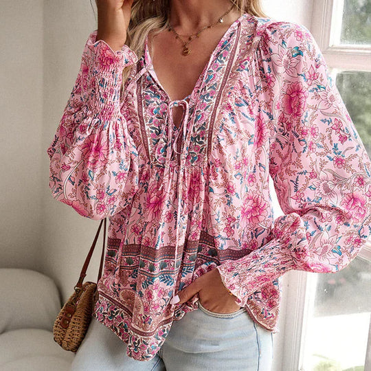 Celine - Blusa femenina de manga larga con cuello en V y estampado floral