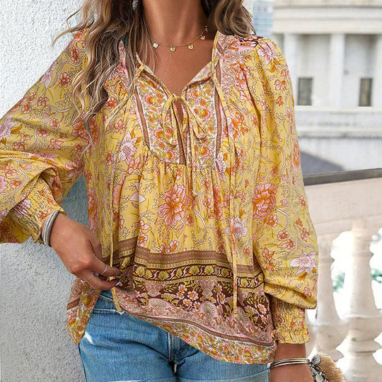 Celine - Blusa femenina de manga larga con cuello en V y estampado floral
