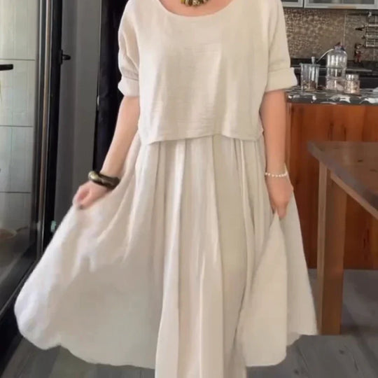 Vega™ Conjunto de dos piezas para mujer cómodo y elegante confeccionado en algodón y lino con blusa y falda de cuello redondo