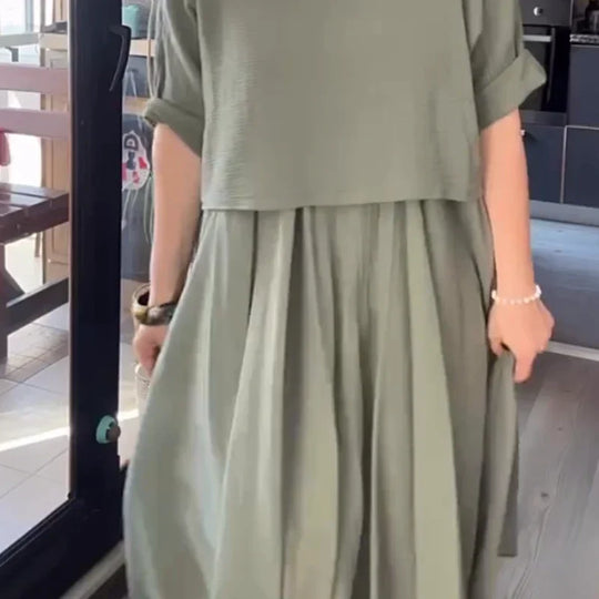 Vega™ Conjunto de dos piezas para mujer cómodo y elegante confeccionado en algodón y lino con blusa y falda de cuello redondo